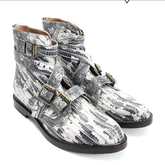 John Fluevog Modvogs Darin Boots Snake Print Leather Buckle Booties - Picture 1 of 13